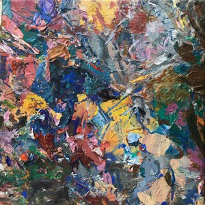 Discarded, 8x8” peeled acrylic and oil on canvas