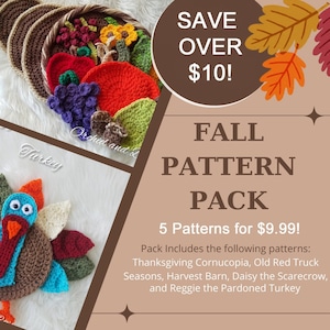 PDF PATTERNS 5 Fall Crochet Pattern Pack Turkey Apples Scarecrow harvest barn old red truck thanksgiving cornucopia applique blanket crochet