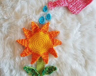 PDF PATTERN Sunshine and Sunflowers 4 Pack - Crochet Applique Pattern download printable instructions sun flowers water can summer spring