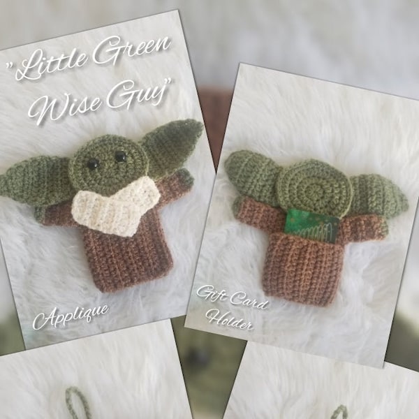 PDF PATTERN - Alien Green Wise Guy - Crochet Applique, card holder, ornament, puppet, stuffy download printable instructions outer space