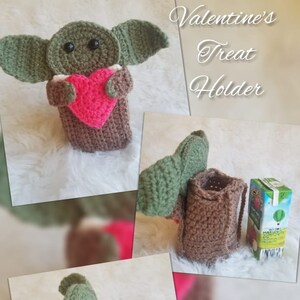 May include: A crocheted Valentine's Treat Holder shaped like a green alien character holding a pink heart. The holder is brown and has a small opening at the top. The text "Valentine's Treat Holder" is written in white on a white background.