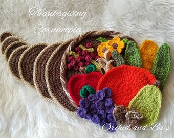 PDF-MÖNSTER Thanksgiving Cornucopia Virkmönster - skriv ut nedladdning instruktioner fil höst höst skörd pilgrimer middag grönsaker frukt