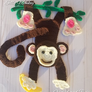 PDF Pattern Silly Monkey  Crochet Applique Pattern download printable instructions ape gorilla jungle blanket baby girl boy tree vine banana