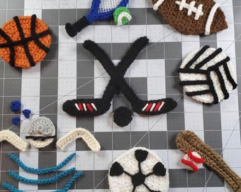 PDF PATTERN Sports Pack Crochet Instructions to crochet football soccer ball volleyball Hockey Swimming Tennis Basketball Baseball applique