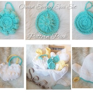 May include: A set of crochet spa items in turquoise and white. The set includes a washcloth, a hand mitt, and a small bag. The items are arranged in a basket with a "Relax & Unwind" sign. The text "Ocean Spray Spa Set Pattern Pack" is at the top of the image.