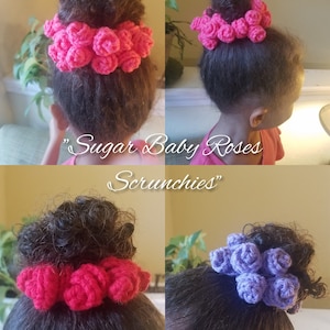 PDF Pattern Sugar Baby Roses Scrunchies Crochet Pattern - printable download instructions file hair ties scrunchy accessories girls flowers
