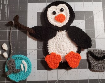 PDF Pattern - Penguin Gone Fishing Crochet Applique - baby blankets decorations north pole animals instructions how to directions