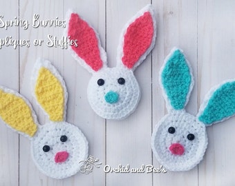 PDF PATTERN -Spring Bunnies Crochet Applique Stuffie Pattern printable download instructions rabbit bunny Easter basket blanket animal stuff