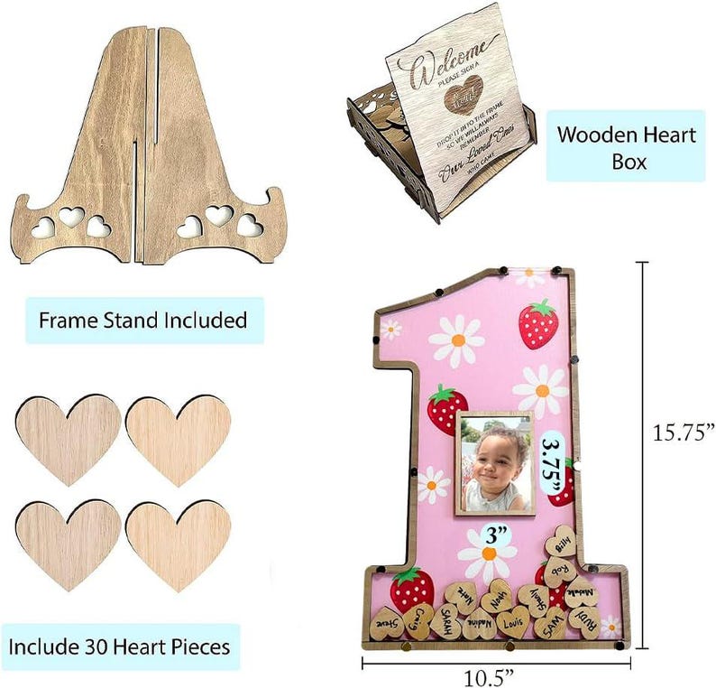 Puede incluir: Un marco de fotos de madera con forma de n&uacute;mero uno, con fondo rosa, margaritas y fresas. Incluye una foto peque&ntilde;a, piezas de coraz&oacute;n de madera y mide 26,67 cm de ancho y 40,01 cm de alto. Tambi&eacute;n incluye una caja de coraz&oacute;n de madera y un soporte.