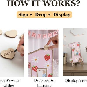Puede incluir: Un letrero de cumplea&ntilde;os de madera con el texto "HOW IT WORKS?" e instrucciones: "Sign, Drop, Display". El letrero presenta un marco rosa con margaritas y fresas, un marco de fotos y un n&uacute;mero uno de madera con patrones de fresas y margaritas.