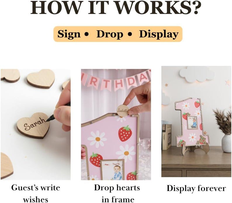 Puede incluir: Un letrero de cumplea&ntilde;os de madera con el texto "HOW IT WORKS?" e instrucciones: "Sign, Drop, Display". El letrero presenta un marco rosa con margaritas y fresas, un marco de fotos y un n&uacute;mero uno de madera con patrones de fresas y margaritas.