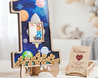 First Trip Around the Sun Guest Book Frame, Space First Birthday Keepsake Guest Book, 1st Birthday Decorations Nursery Decor Gift
