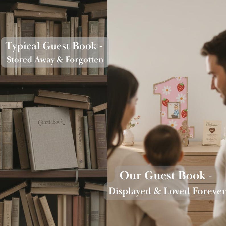 Puede incluir: La imagen contrasta un libro de visitas tradicional con un marco decorativo con el n&uacute;mero uno. El lado izquierdo muestra una estanter&iacute;a con un libro de visitas cerrado. El lado derecho presenta un marco rosa con el n&uacute;mero uno con una foto, margaritas y fresas. El texto dice: "Typical Guest Book - Stored Away & Forgotten" y "Our Guest Book - Displayed & Loved Forever."