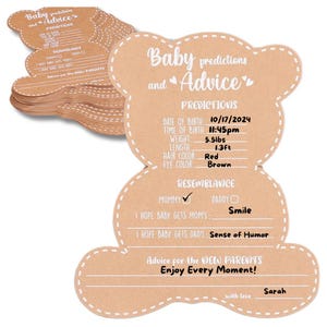 May include: A stack of tan, bear-shaped baby prediction and advice cards. The cards have text that reads "Baby predictions and Advice" and include spaces for predictions about the baby's birth date, time, weight, length, hair and eye color. The cards also have spaces for advice for the new parents.
