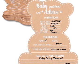 Puede incluir: Un montón de tarjetas de predicción y consejo para bebés en forma de oso, de color marrón claro. Las tarjetas tienen el texto "Baby predictions and Advice" e incluyen espacios para predicciones sobre la fecha de nacimiento, la hora, el peso, la longitud, el color del pelo y de los ojos.