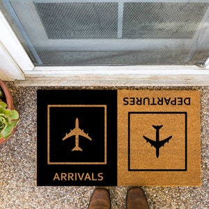COMING AND GOING | Arrivals and Departures Reversible Entryway Doormat | 18"x30" Standard Size Doormat | Made from Brown Coir | Airplane Mat