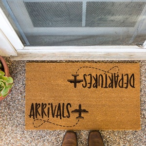 ARRIVALS DEPARTURES DOORMAT | Arrivals & Departures Reversible Doormat | 18"x30" | Made from Brown Coir | Non-Slip Backing | Airplane Mat