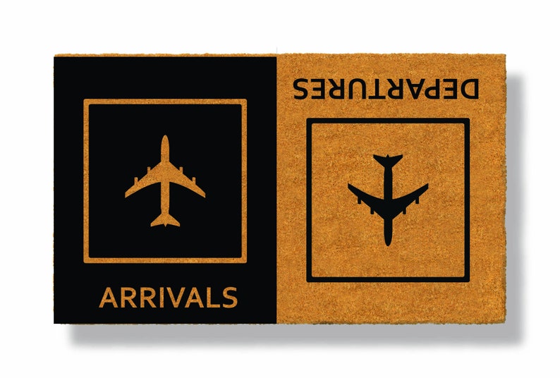 COMING AND GOING | Arrivals and Departures Reversible Entryway Doormat | 18"x30" Standard Size Doormat | Made from Brown Coir | Airplane Mat