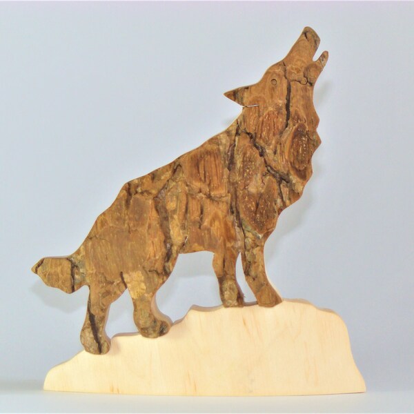Wolf (with base without bark), wooden home decoration, handmade
