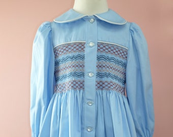 Hand smocked blue sateen cotton coat dress