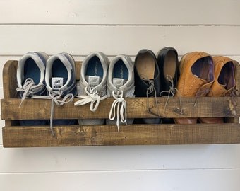 Wall mounted hallway rustic shoe rack- Jacobean