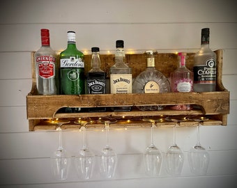 75cm Floating home bar/ Wine or Spirit rack- reclaimed wood Curved front- Dark oak