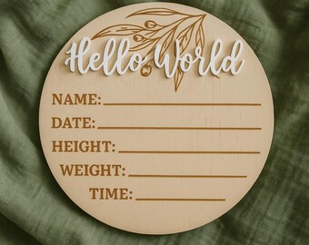 Personalised Wooden Baby Birth Announcement Sign | Hello World Newborn Name Plaque | Baby Milestone Keepsake Disc | Baby Shower Gift