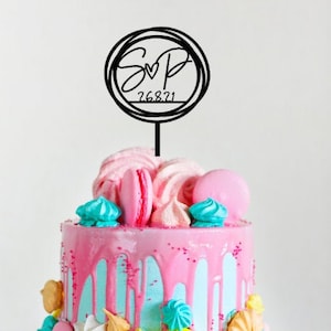 Personalizado Inicial + Fecha Pastel de bodas Topper / Iniciales / Aniversario / Despedida de soltera / Compromiso / Pastel moderno Topper / Decoración de pasteles /