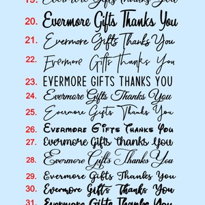 Puede incluir: Fondo azul claro con m&uacute;ltiples variaciones del texto "Evermore Gifts Thanks You" en varias fuentes. El texto es negro, con fuentes cursivas y en negrita. La parte inferior de la imagen incluye el texto "*SOME FONTS MAY HAVE TO BE THICKENED IN DESIGN PROCESS".