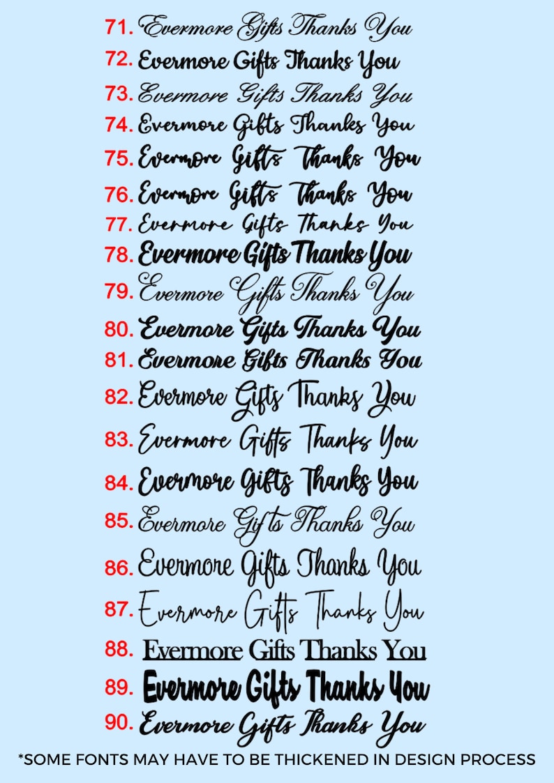Puede incluir: Sobre un fondo azul claro, se muestra el texto "Evermore Gifts Thanks You" en negro, en diversas fuentes. El texto est&aacute; numerado del 71 al 90, con una nota sobre el engrosamiento de las fuentes.