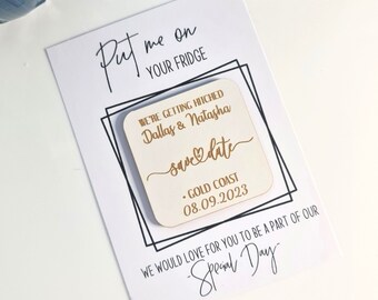 Wedding save the date magnet - Personalised save the date - Wood fridge magnet - Engagement announcement - Engraved wood save the date card