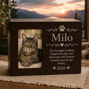 Personalised Cat Urn with Photo | Wooden Memorial Box | Custom Pet Ashes Keepsake | Pet Loss Sympathy Gift