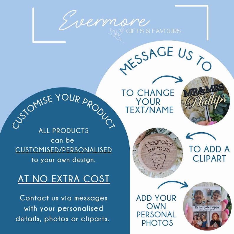May include: An advertisement for personalized gifts. The image features text that reads "Evermore Gifts & Favours" and "Customise Your Product". Examples of personalized items include a wooden tooth keepsake and a photo frame.