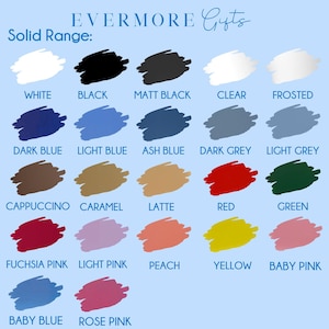 Puede incluir: Una carta de colores de Evermore Gifts, que muestra una gama de colores s&oacute;lidos. La carta incluye colores como blanco, negro, azul, rosa y amarillo. El texto "Solid Range" est&aacute; en la parte superior, con el logotipo de Evermore Gifts.