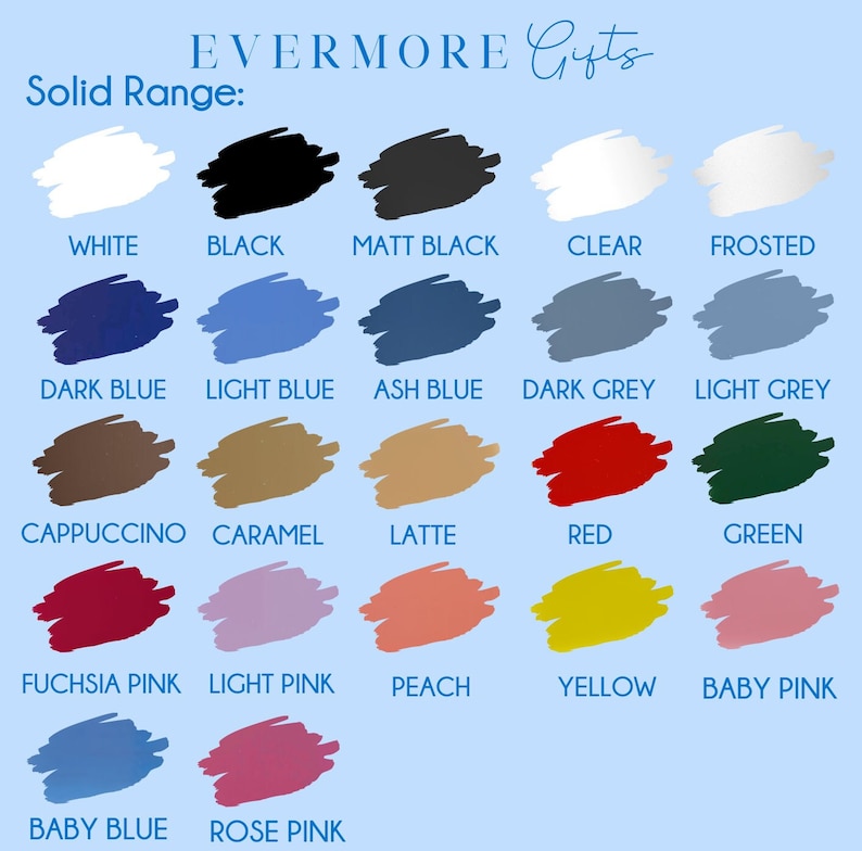 Puede incluir: Una carta de colores de Evermore Gifts, que muestra una gama de colores s&oacute;lidos. La carta incluye colores como blanco, negro, azul, rosa y amarillo. El texto "Solid Range" est&aacute; en la parte superior, con el logotipo de Evermore Gifts.