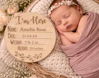 Wooden Engraved Birth Announcement Sign | Baby Name, Date, Weight, Height Tracker