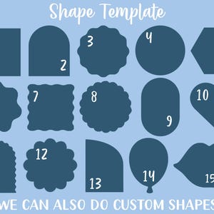 Puede incluir: Una plantilla de formas azul con 15 formas diferentes numeradas del 1 al 15. Las formas incluyen un cuadrado, un arco, un c&iacute;rculo festoneado, un c&iacute;rculo, un hex&aacute;gono y m&aacute;s. El texto "Shape Template" est&aacute; en la parte superior y "WE CAN ALSO DO CUSTOM SHAPES" en la parte inferior.