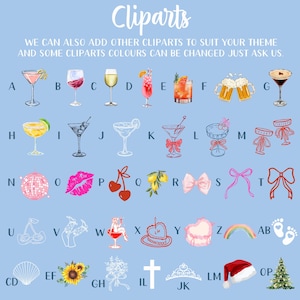 Puede incluir: Una colecci&oacute;n de ilustraciones de clip art coloridas sobre un fondo azul claro. La imagen incluye varios vasos de c&oacute;ctel, cerezas, lazos, una bola de discoteca, labios, un pastel, un arco&iacute;ris y un gorro de Pap&aacute; Noel. El texto en la parte superior dice "Cliparts".