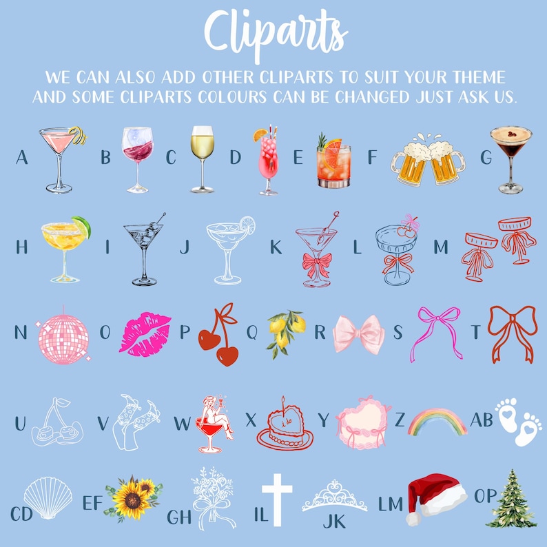 Puede incluir: Una colecci&oacute;n de ilustraciones de clip art coloridas sobre un fondo azul claro. La imagen incluye varios vasos de c&oacute;ctel, cerezas, lazos, una bola de discoteca, labios, un pastel, un arco&iacute;ris y un gorro de Pap&aacute; Noel. El texto en la parte superior dice "Cliparts".