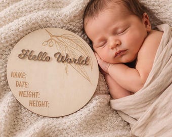 Hello world | Birth Announcement | Double layered | Wooden Engraved | Plaque Name Card Disc | Baby Shower Gifts | Milestones | New born sign