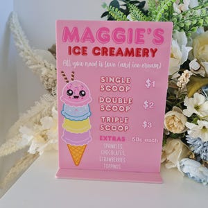 May include: A pink ice cream shop sign with the text "Maggie's Ice Creamery". The sign features a cartoon ice cream cone and a list of ice cream options. The sign is on a white surface.