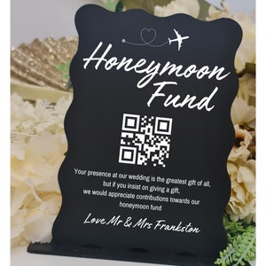 Signo acrílico del Fondo de luna de miel / Signo de CÓDIGO QR / Buenos deseos personalizados / Signo de compromiso / signo de boda / Señalización a medida / Personalizado