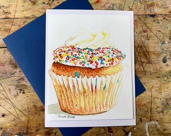 Frameable Fine Art Print Greeting Card, Cupcake with Sprinkles Greeting Card, Birthday Greeting Card, Petite Giclée Print Card, Love Card