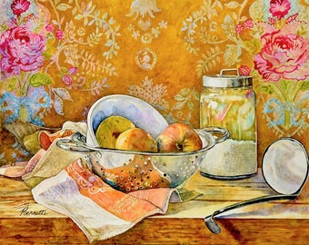 May include: Watercolor painting of a still life with apples in a metal colander, a glass jar, and a ladle. A patterned cloth and a floral wallpaper background complete the scene. The apples are red and yellow.