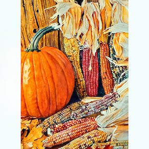 May include: Watercolour painting of a bright orange pumpkin with a green stem, next to colourful ears of corn. The corn displays shades of red, yellow, and purple. Autumn leaves and a wooden backdrop complete the harvest scene.