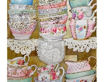 May include: A collection of vintage teacups and saucers in various floral patterns and colors, stacked on top of each other. The cups and saucers are decorated with gold trim and lace doilies.