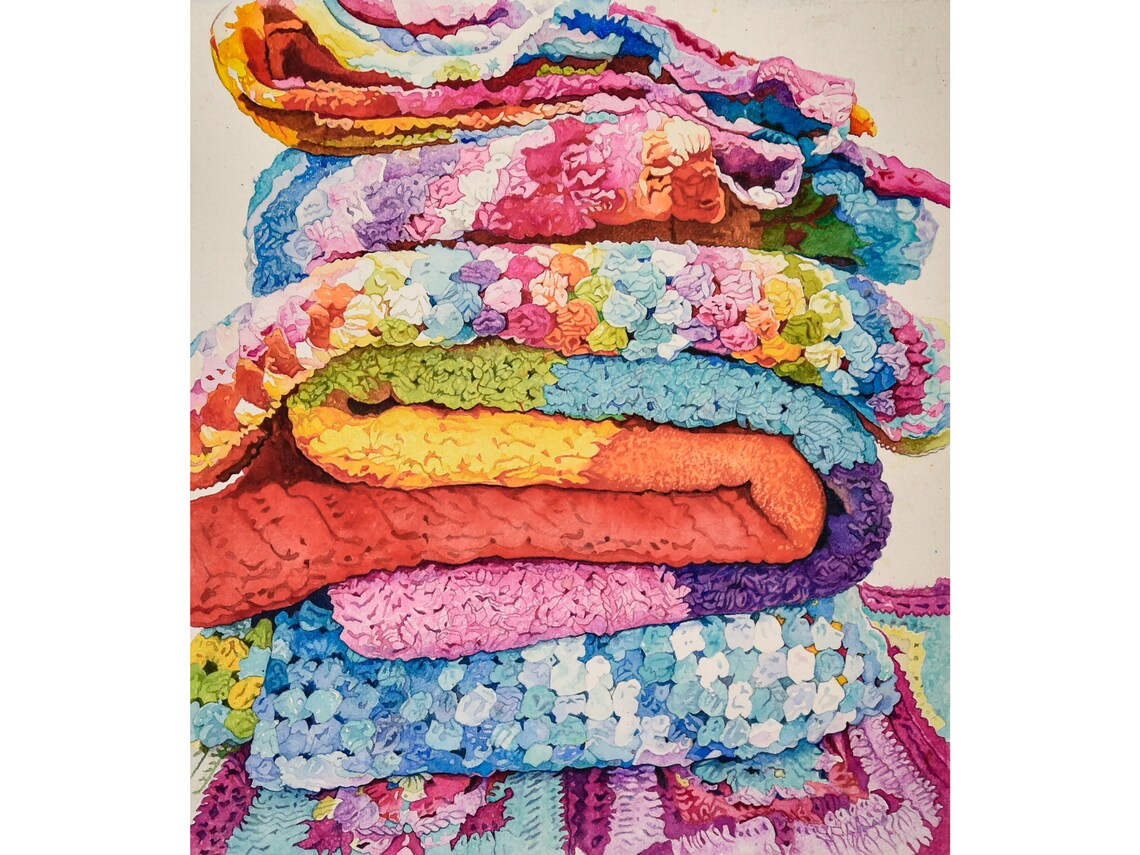 Vintage Afghan Blankets Original Watercolor Painting by Etsy