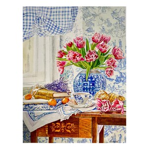 Bouquet di tulipani rossi, dipinto ad acquerello originale di Pierrette Komarek