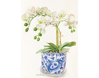 May include: A watercolor painting of a white orchid plant in a blue and white porcelain pot with a dragon design. The plant has several white flowers and green leaves.