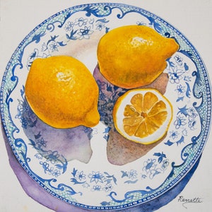 Spode Blue Bowl & Lemons, Watercolor Painting by Pierrette Komarek, 12 X 13 Chinoiserie Decor, Watercolor Lemons, gift